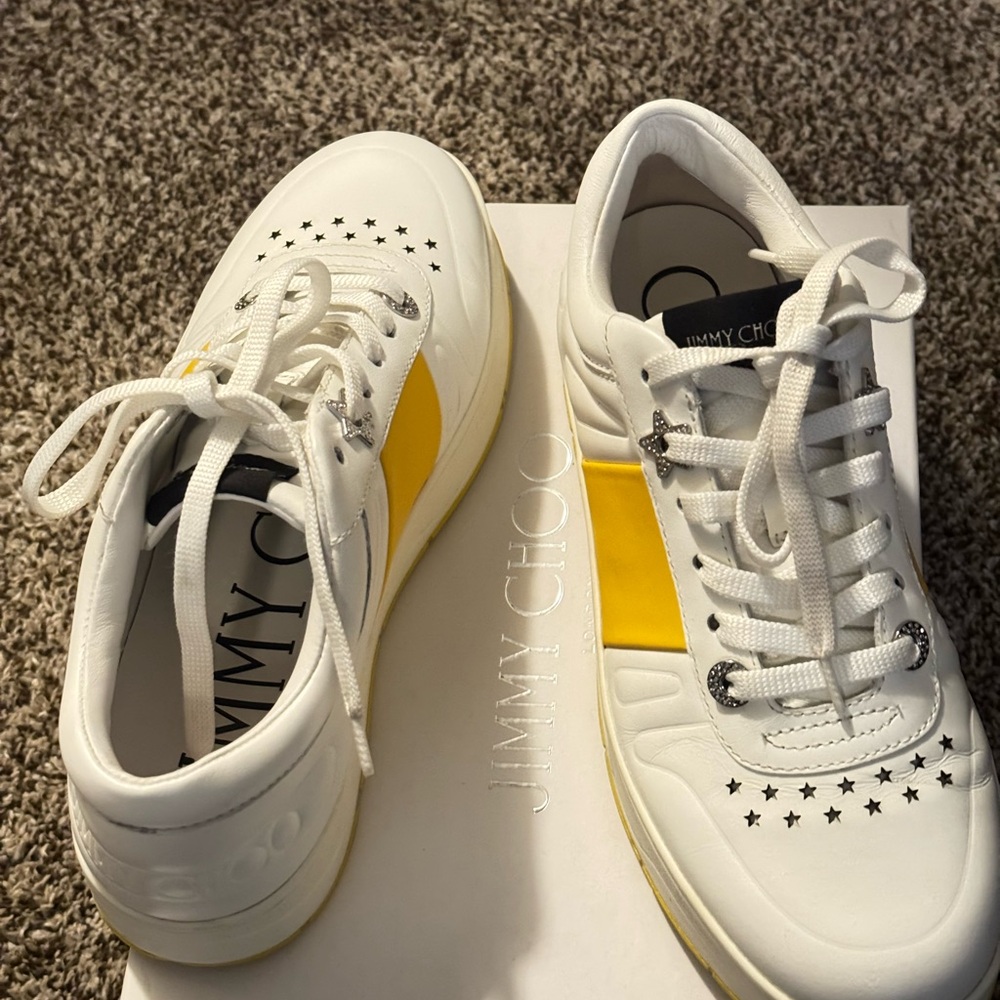 Jimmy Choo White and Yellow Star Sneakers